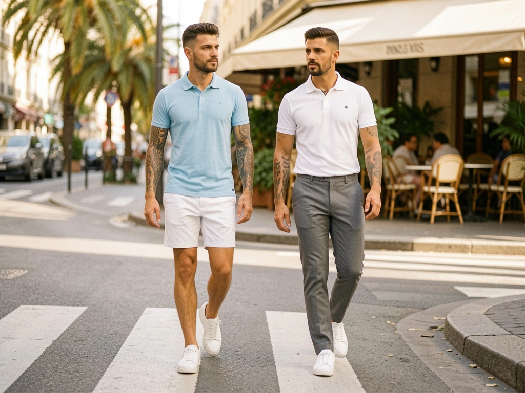 Dois homens em uma faixa de pedestres em Paris, um de polo azul claro e shorts brancos, outro de polo branco e calça cinza, tênis brancos, tatuagens visíveis, café ao fundo, luz natural.