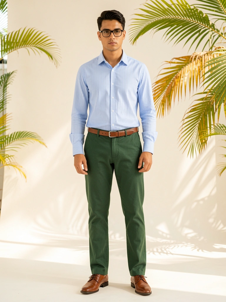 Camisa listrada azul-clara, calça verde-escura, cinto e sapatos de couro marrom, óculos, luz natural difusa e fundo arejado.