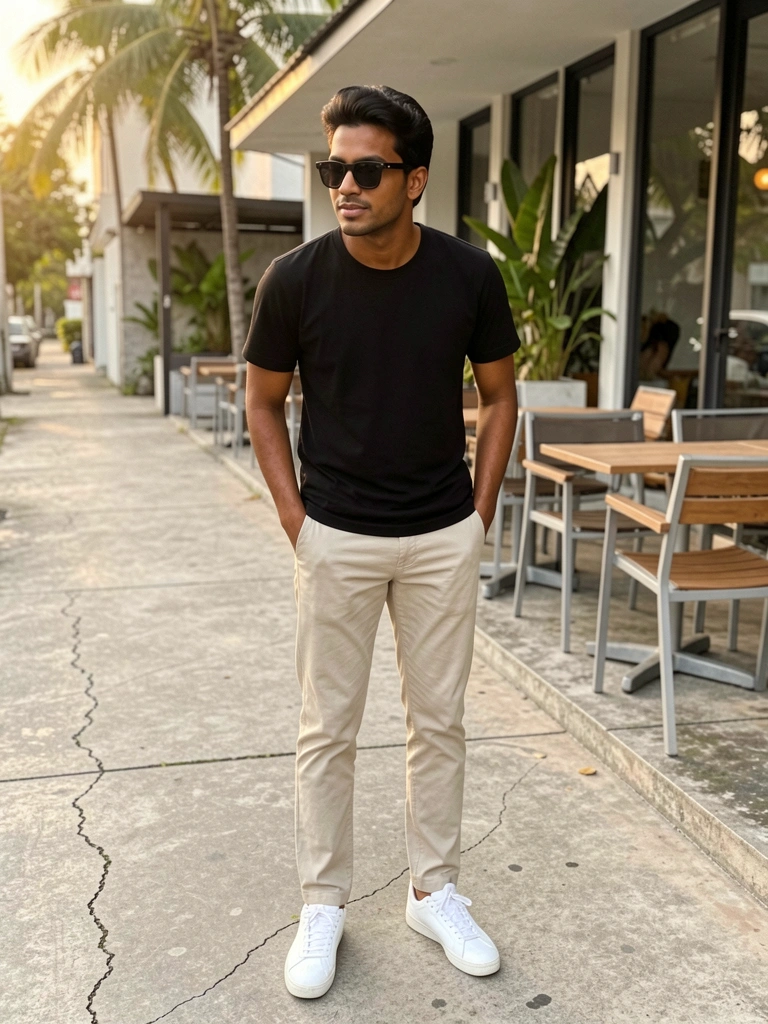 Jovem de camiseta preta e calça bege em calçada de concreto rachado, com café moderno ao fundo sob luz natural tropical.