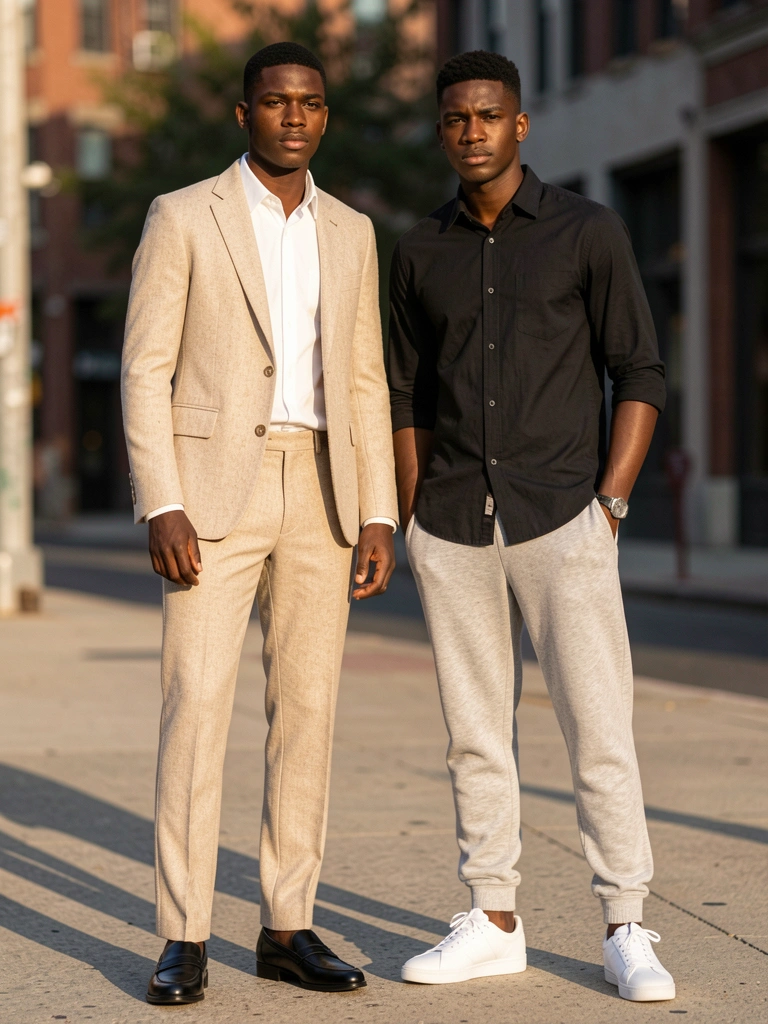 Jovem negro de terno tweed bege claro ao lado de outro de camisa preta e moletom cinza, luz natural e tecidos em contraste.