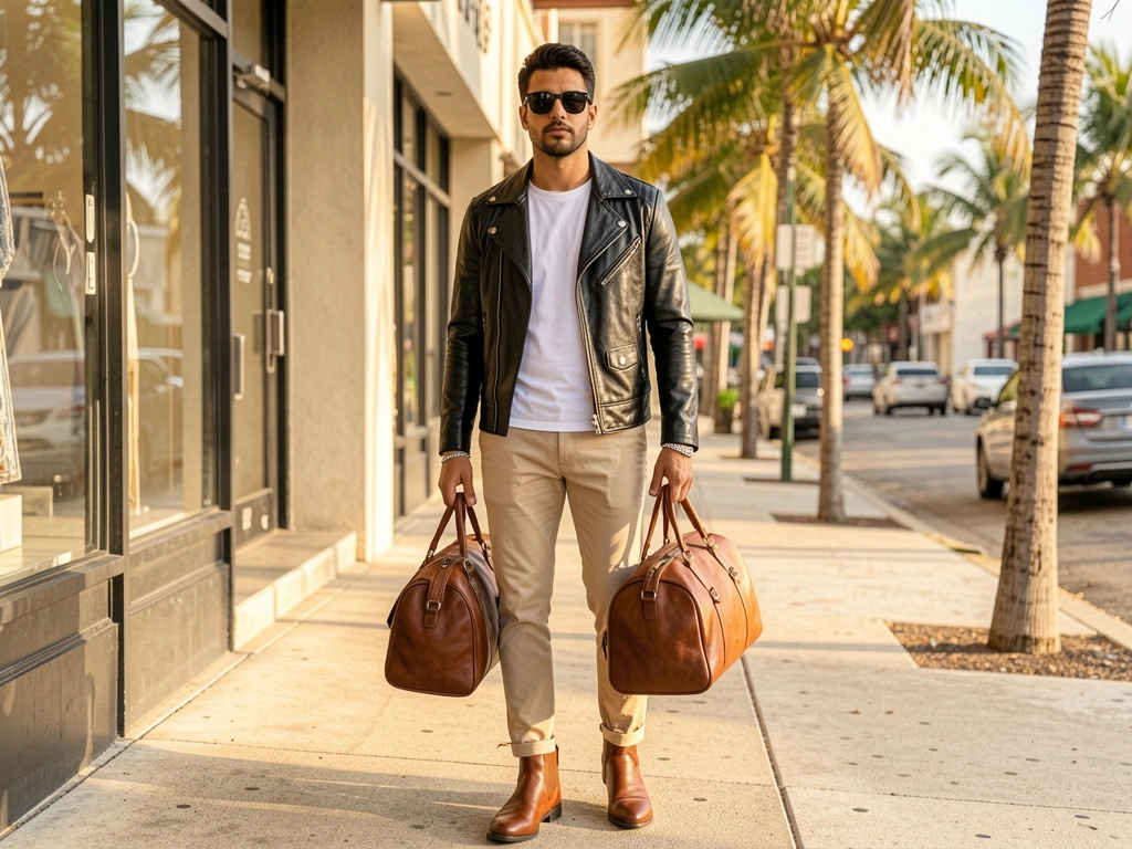 Homem com jaqueta de couro preta e calça bege, óculos escuros, bolsa de couro marrom, em calçada urbana com luz natural quente.