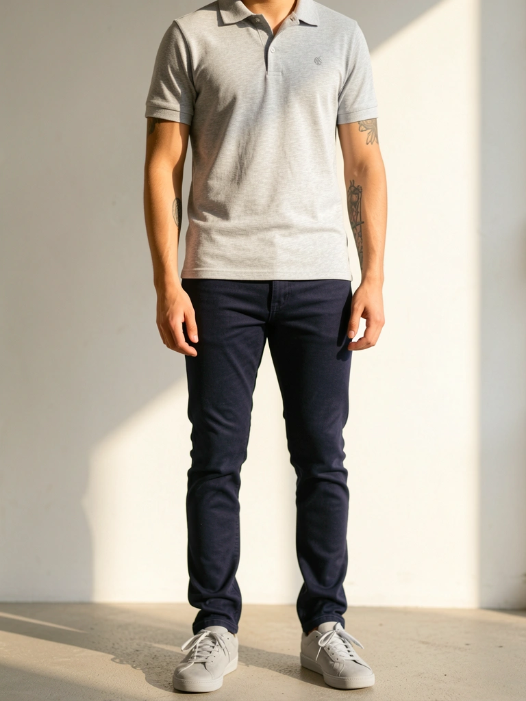 Jovem de polo cinza claro e jeans azul escuro justo, tatuagem no braço, tênis cinza, fundo branco desfocado com luz natural.