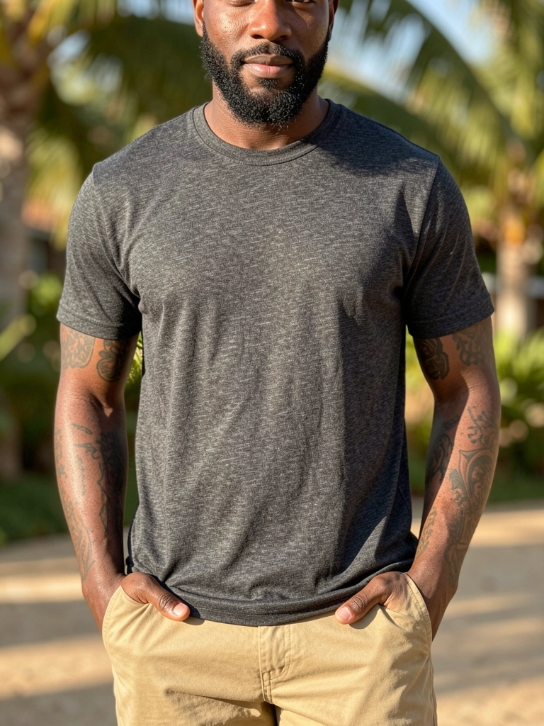Homem negro de barba e tatuagens, camisa cinza escura texturizada e shorts cáqui, mãos nos bolsos, luz natural quente.