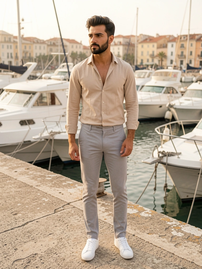 Homem de barba e cabelo escuros, camisa bege aberta e calça cinza, em píer de concreto sobre marina com barcos brancos e prédios ao fundo, luz natural.