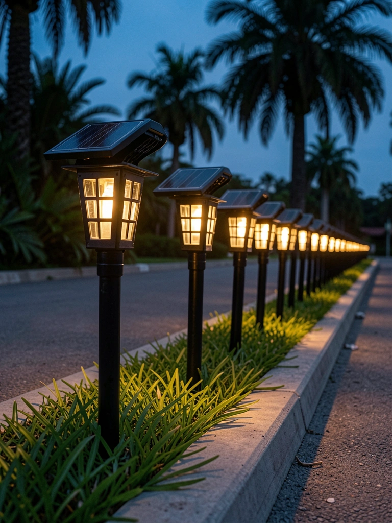 Fileira de luminárias solares pretas com janelas iluminadas ao longo de um caminho pavimentado, grama verde e palmeiras ao fundo sob céu crepuscular azul.
