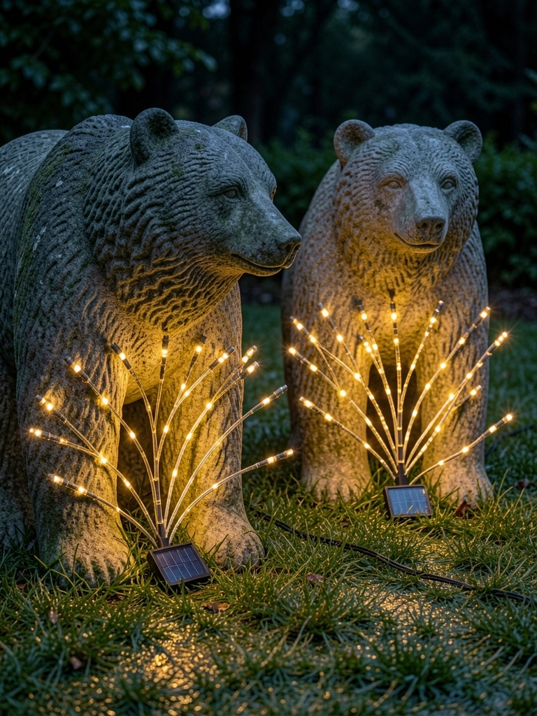 Dois ursos de pedra iluminados por LEDs solares em grama úmida ao entardecer.