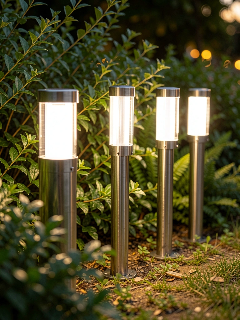 Três luminárias solares cilíndricas de metal com luzes LED brancas, cercadas por folhagem verde e fundo desfocado, sob luz quente de entardecer.