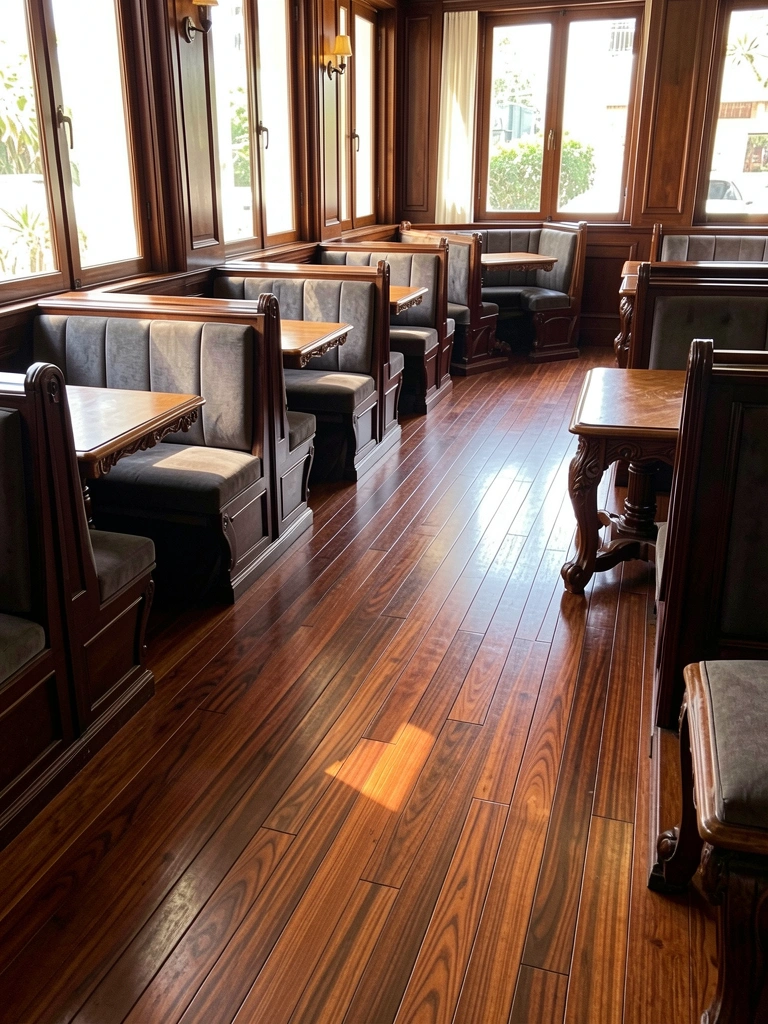 Luz natural incide sobre cabines de madeira escura com estofado cinza, piso de tábuas largas avermelhadas e mesas entalhadas em restaurante.