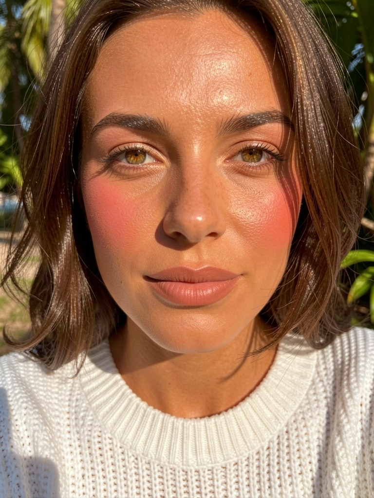 Close-up de mulher com pele radiante e olhos avelã definidos, usando suéter branco texturizado, luz natural difusa e fundo verde desfocado.