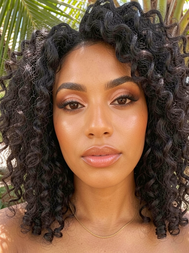 Close-up de mulher com cabelos escuros e cacheados, pele dourada, brilho labial e colar de ouro, sombra bronze e pêssego, iluminação suave e fundo desfocado com folhas.