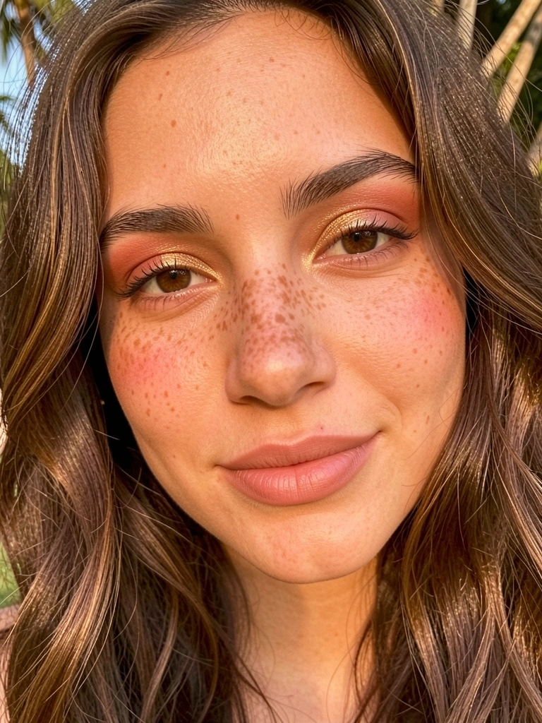 Jovem de pele dourada com sardas, olhando para a câmera, cabelo cacheado ondulado, maquiagem com sombra dourada e batom nude, luz quente e difusa.