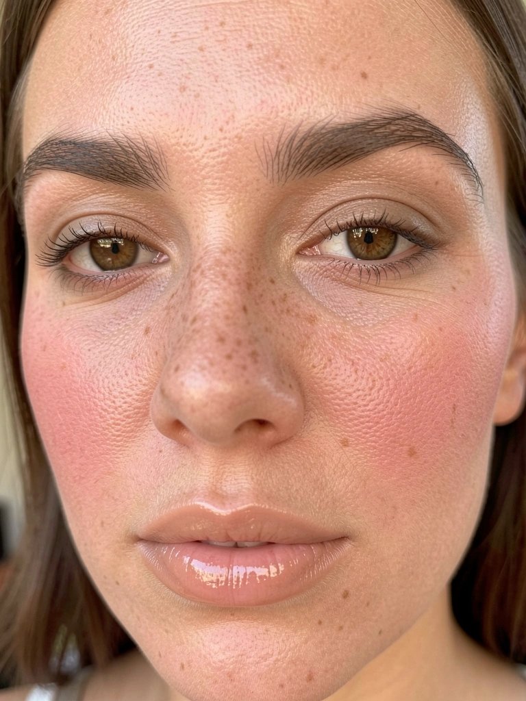 Retrato feminino de perto com pele natural, blush pêssego e olhos neutros em tons de bege e taupe, luz natural suave e fundo desfocado.