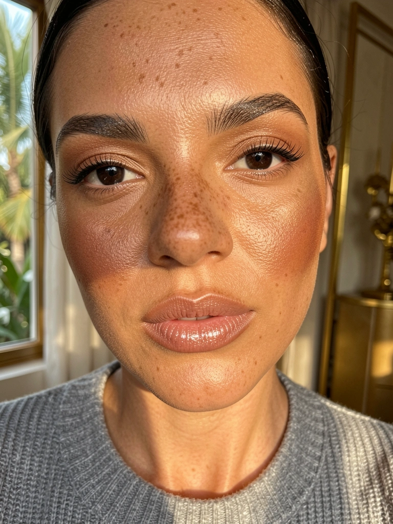 Close-up de mulher com pele bronzeada e sardas, batom gloss cintilante e blusa de tricô cinza texturizada, luz natural quente e fundo desfocado com detalhes dourados.