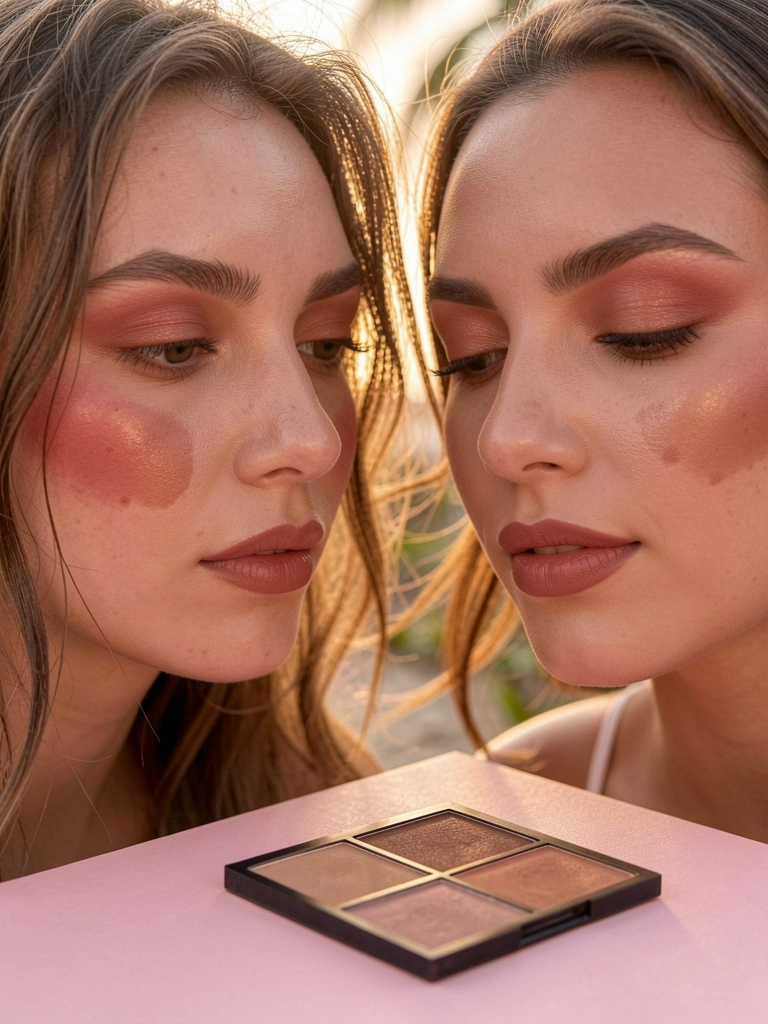 Close-up de duas mulheres com maquiagem terrosa, blush rosado e batom nude, paleta quadrada sobre superfície rosa clara, luz natural difusa e fundo desfocado ao ar livre.
