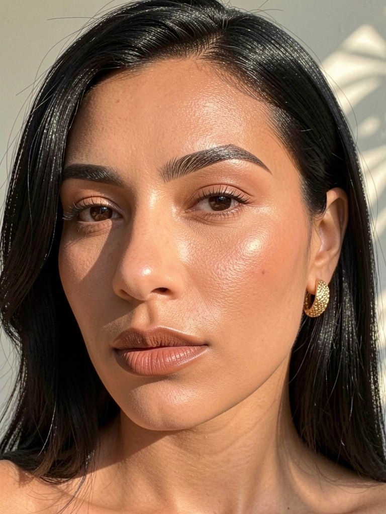 Mulher de cabelos escuros e brilho suave, com batom marrom quente, brinco de ouro texturizado e pele radiante com luz natural difusa.