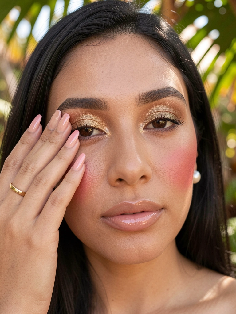 Close-up de mulher com sombra dourada cintilante, blush rosado e batom nude, mão tocando o olho com unha rosa alongada, luz suave e fundo tropical desfocado.