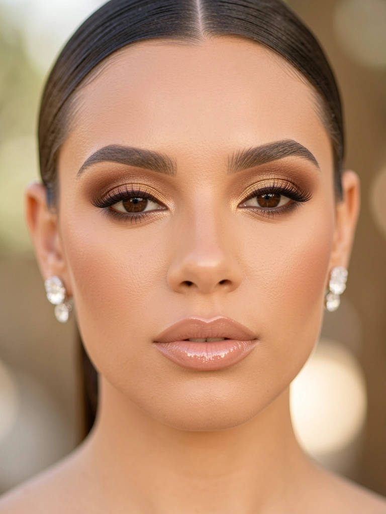 Close-up de mulher com pele radiante, sombra marrom-dourada, batom nude brilhante e brincos de cristal, cabelo preso para trás, luz natural difusa e fundo desfocado.