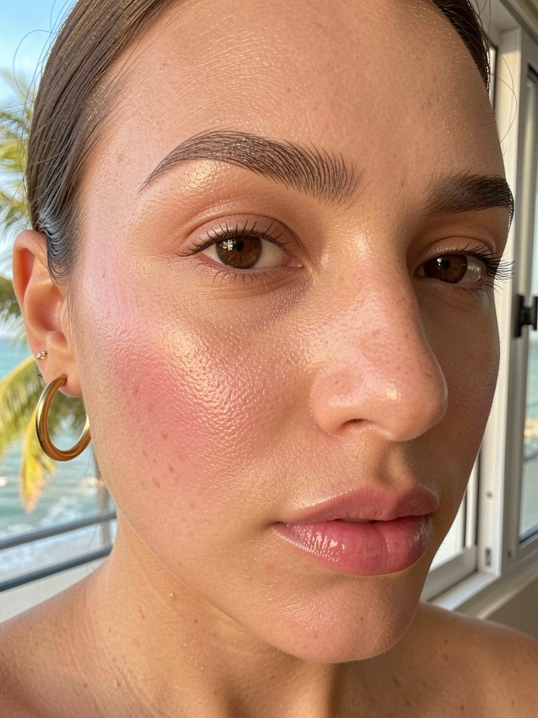 Close-up de mulher de pele clara, sobrancelhas definidas, brincos de argola dourados, maquiagem com bochechas rosadas e lábios brilhantes, iluminada por luz natural suave, fundo desfocado com janela e mar tropical.