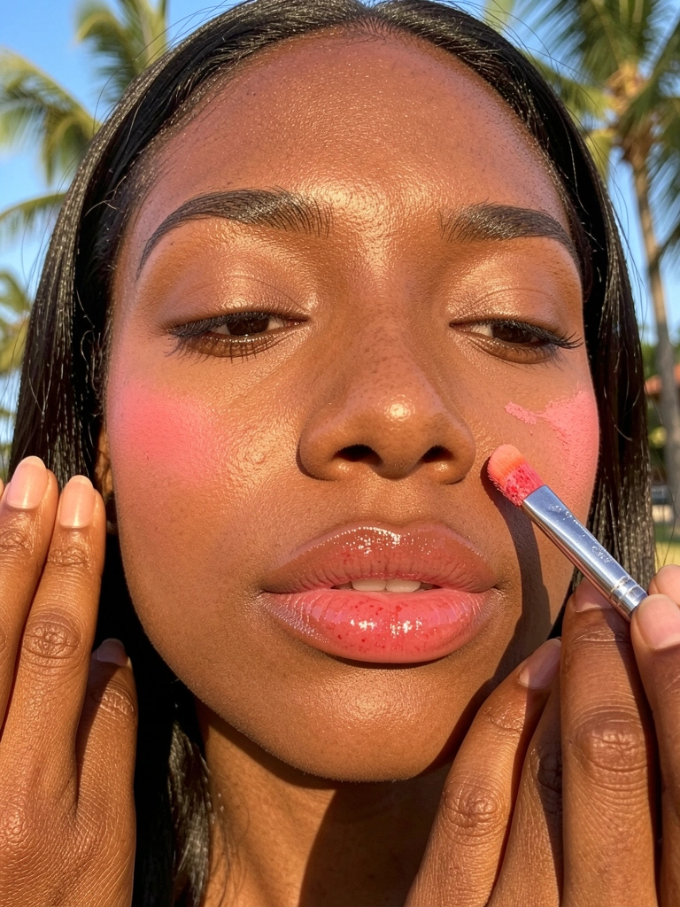Mulher de pele negra aplica blush em maçãs do rosto com pincel, lábios brilhantes e luz natural quente ao fundo.