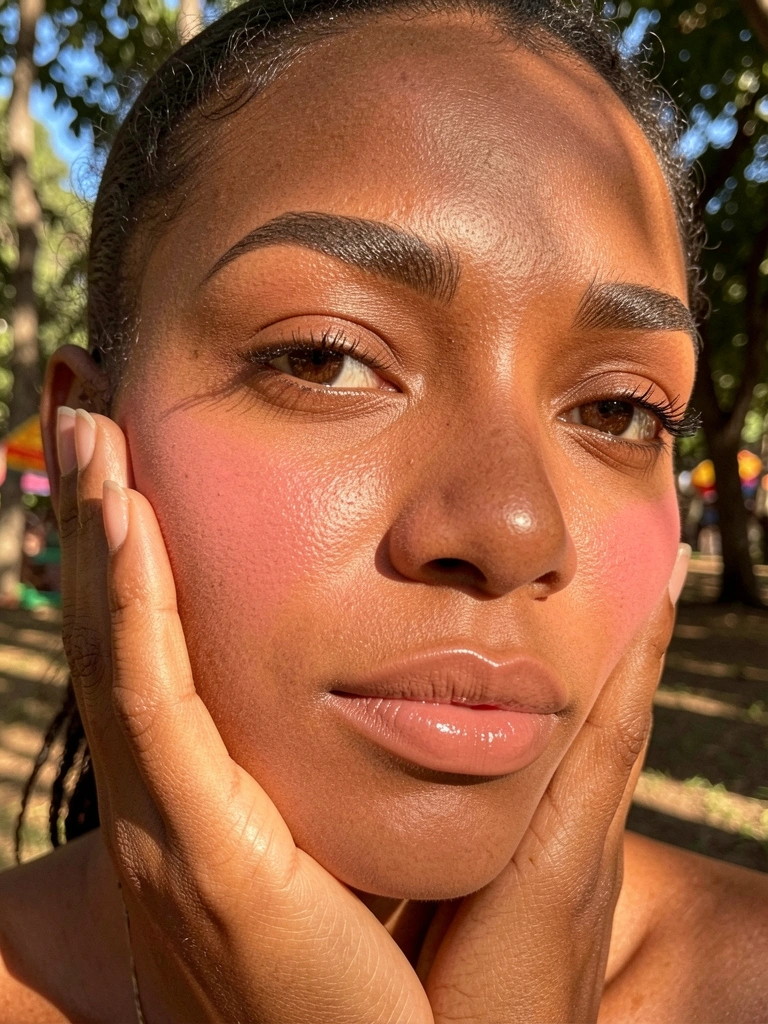 Mulher negra com blush cintilante nas maçãs do rosto e nariz, mão apoiada na bochecha, luz suave e fundo com luz solar filtrada.