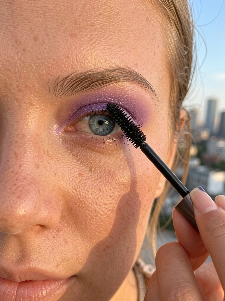 Mulher de olhos azuis aplica sombra roxa com máscara de cílios preta, cílios molhados, luz natural suave e fundo com horizonte urbano desfocado.
