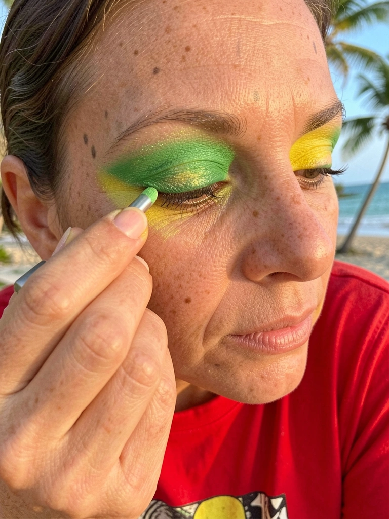 Mulher aplica sombra verde e amarelo vibrante nas pálpebras, textura cintilante, camiseta vermelha, luz natural quente, fundo tropical.