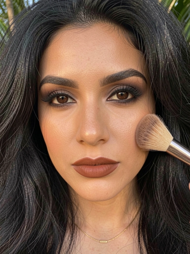 Close-up de mulher com cabelo escuro volumoso e olhos castanhos, usando batom marrom e colar de ouro, com pincel de maquiagem apoiado na bochecha sob luz solar difusa.
