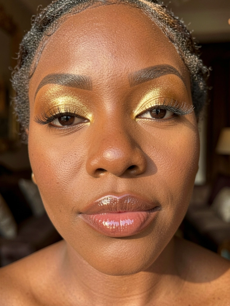 Close-up de mulher negra com sombra dourada cintilante e lábios gloss, luz natural destacando textura da pele e pigmentos metálicos.