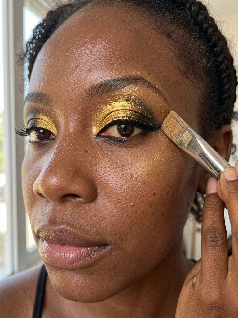 Close-up de olhos com sombra dourada e preta esfumada, pele morena com textura natural, luz suave vinda de janela ao fundo.
