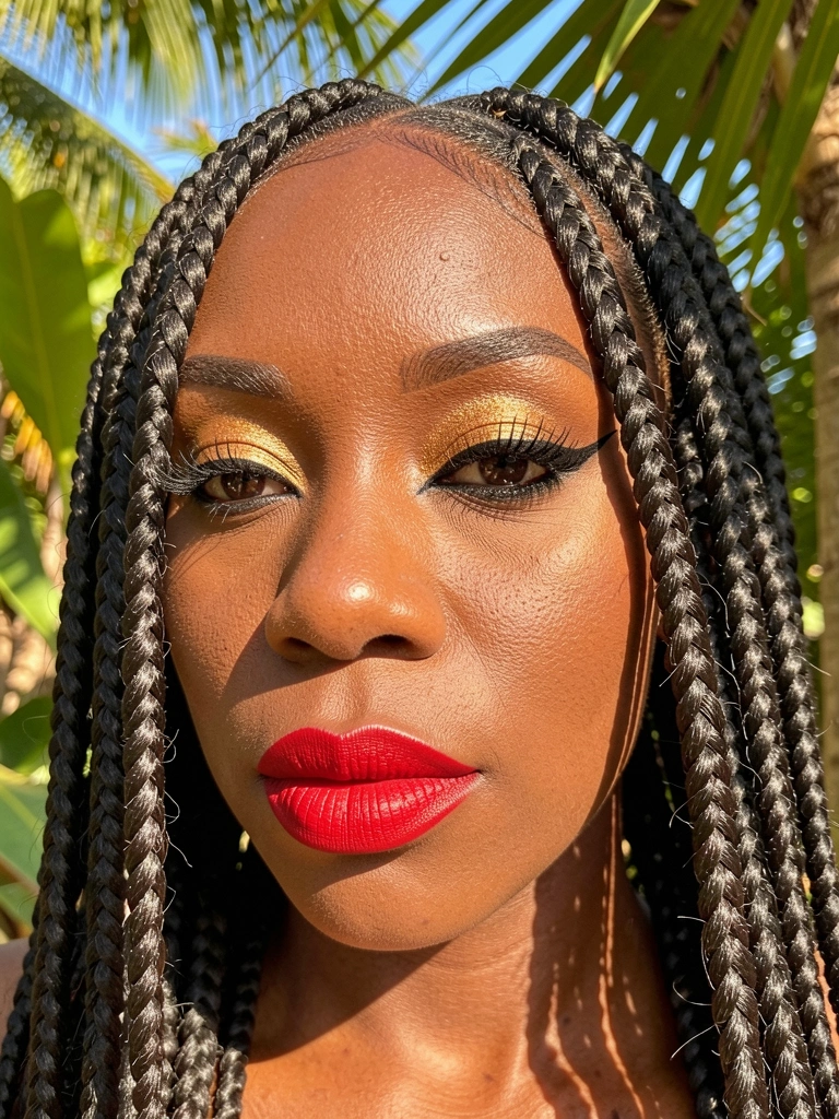 Close-up de mulher negra com tranças elaboradas, delineado preto, batom vermelho e sombra dourada, luz natural filtrada por folhas.