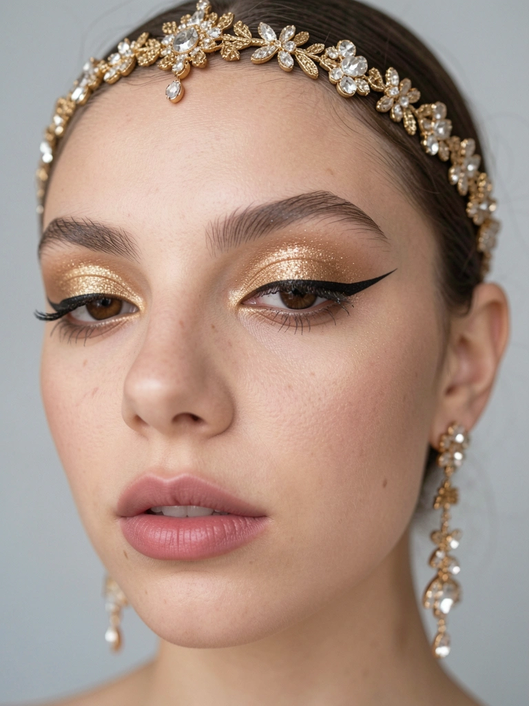 Close-up de jovem com sombra dourada cintilante, delineado gatinho e headband dourado com joias, luz suave e fundo cinza neutro.