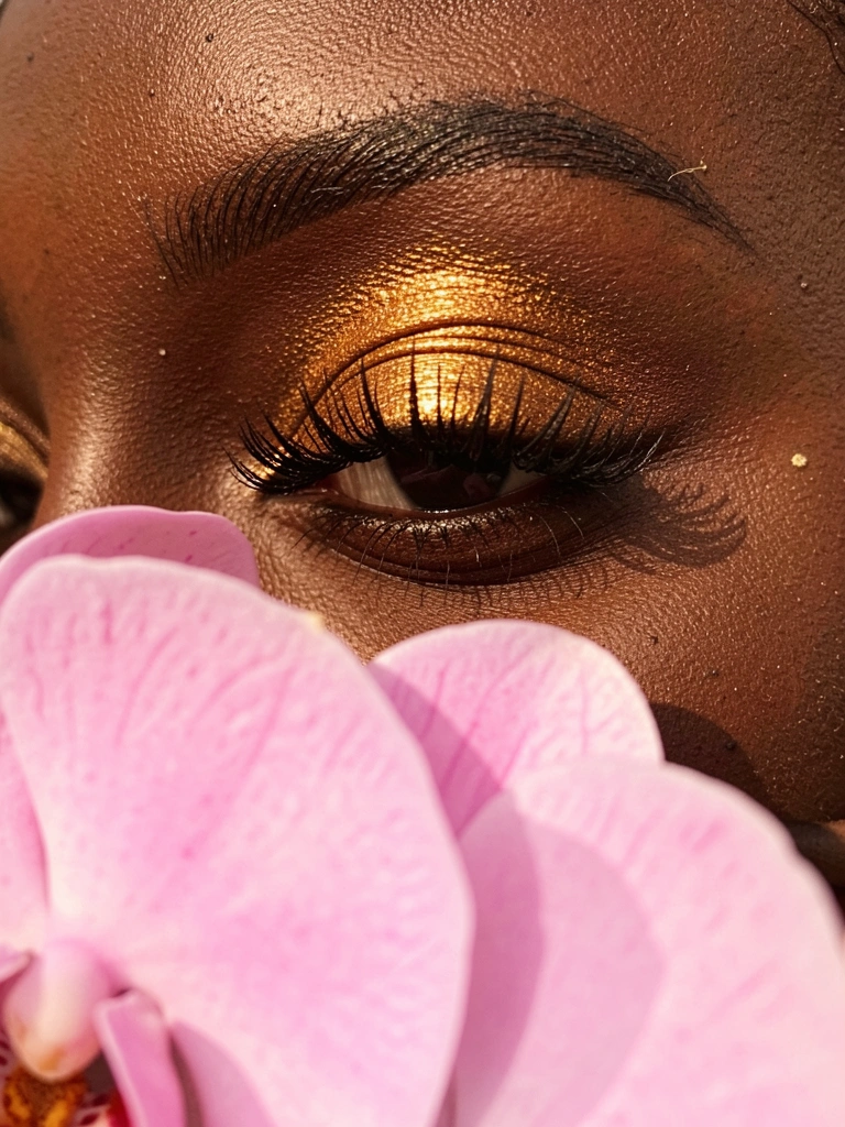 Close-up de olho feminino com sombra dourada intensa e cílios longos, pétalas de orquídea rosa no primeiro plano, luz quente natural.