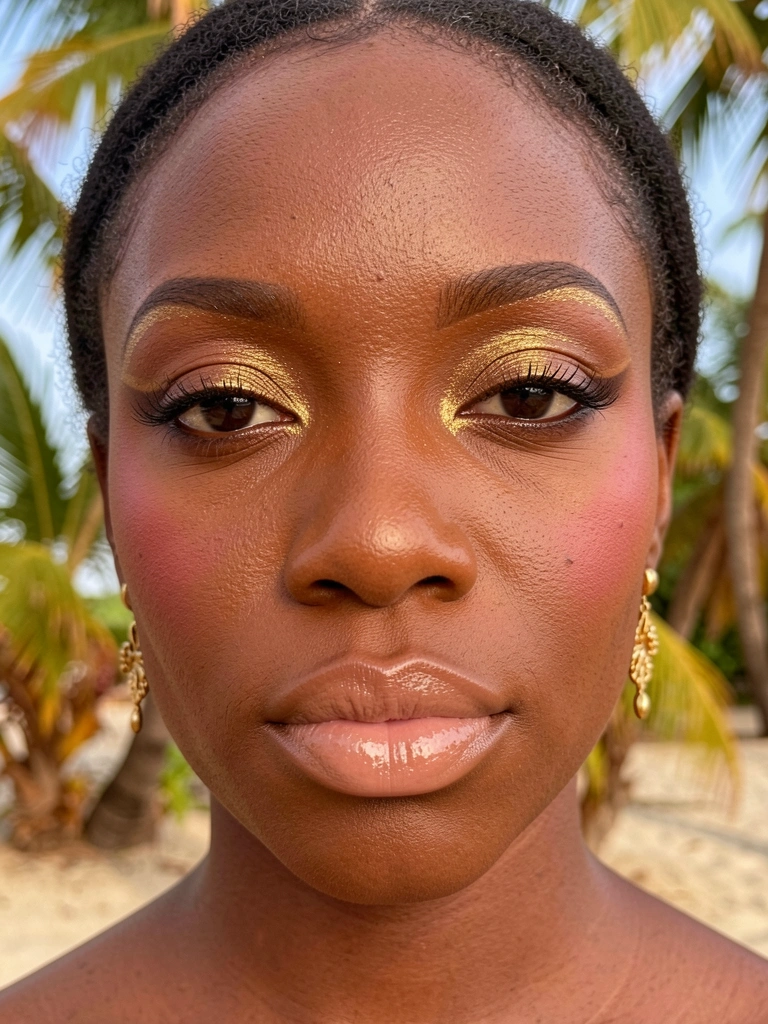 Close-up de mulher negra com sombra dourada e bronze esfumada, pele iluminada e brincos dourados, luz natural difusa.