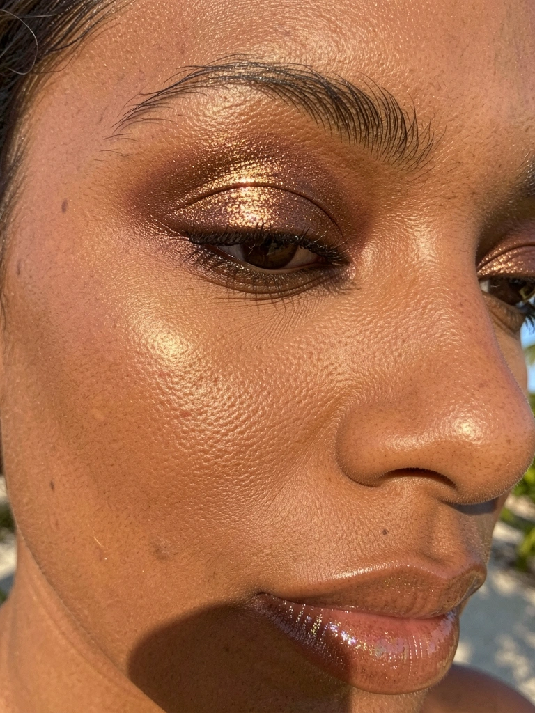 Close-up de olhos com sombra dourada e bronze cintilante, pele morena com iluminador, lábios com gloss iridescente, luz natural quente.