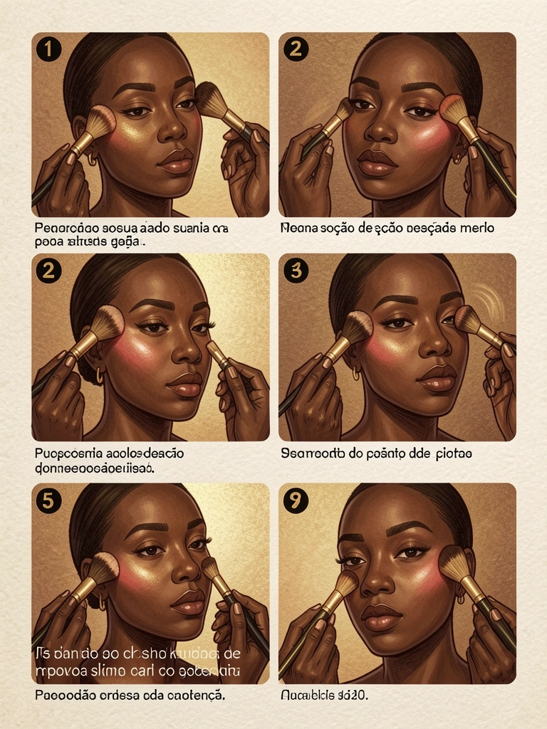 Série de painéis retangulares com instruções numeradas em português, pincéis e produtos de maquiagem sobre fundo bege texturizado, tons de marrom e dourado.