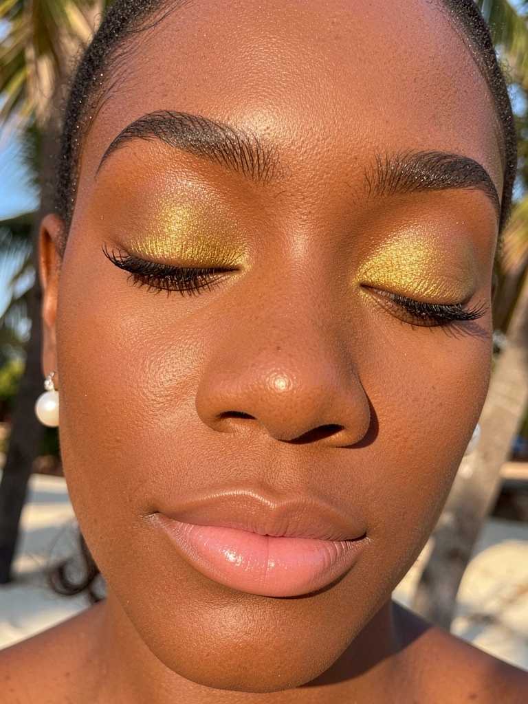 Mulher negra com sombra dourada intensa e brilhante nas pálpebras, brinco de pérola e lábios rosados, luz natural suave.