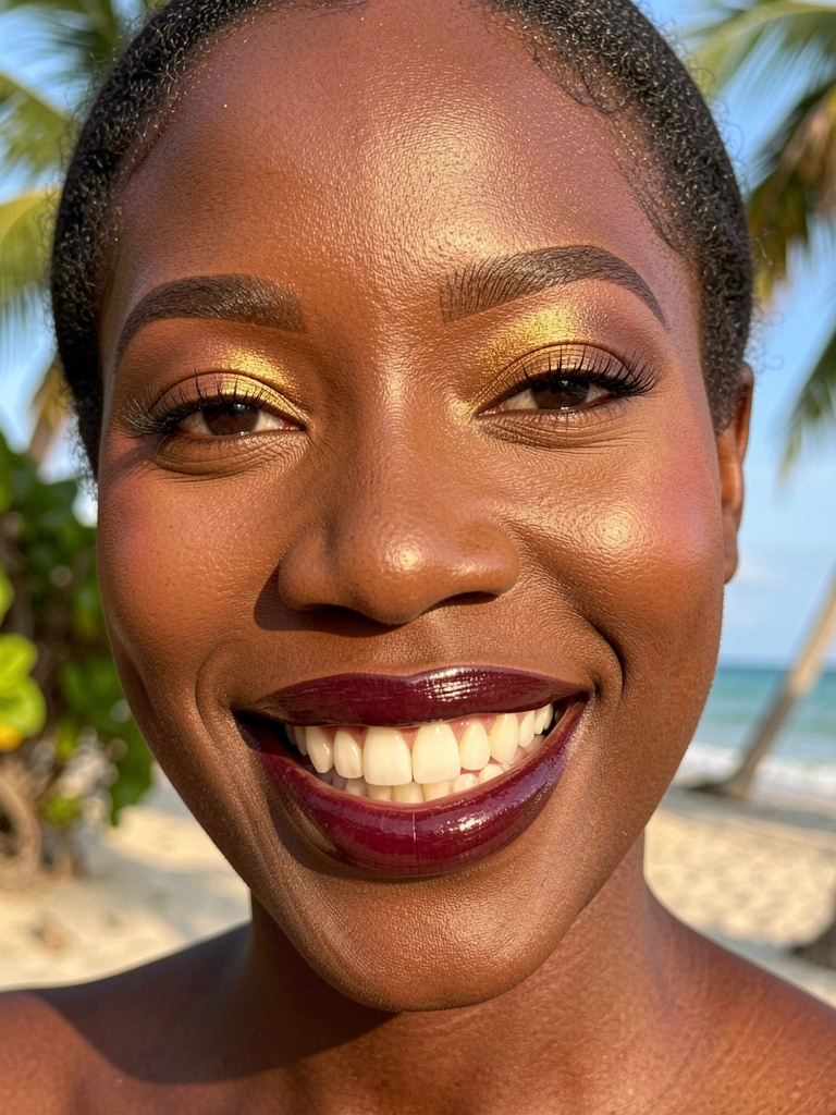 Pele negra luminosa com sombra dourada intensa e batom berry, luz natural e sorriso genuíno.
