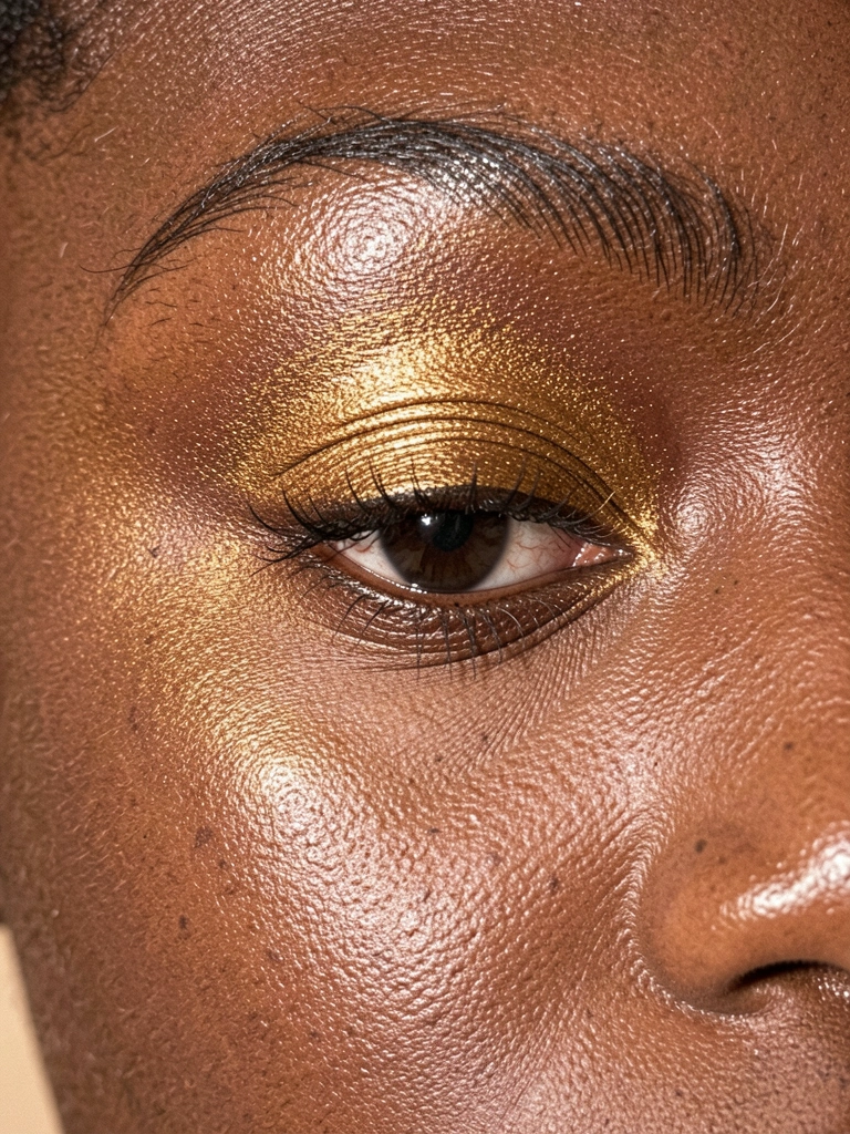 Detalhe dos olhos de uma mulher negra com sombra dourada intensa e esfumada, iluminação suave e fundo bege desfocado.