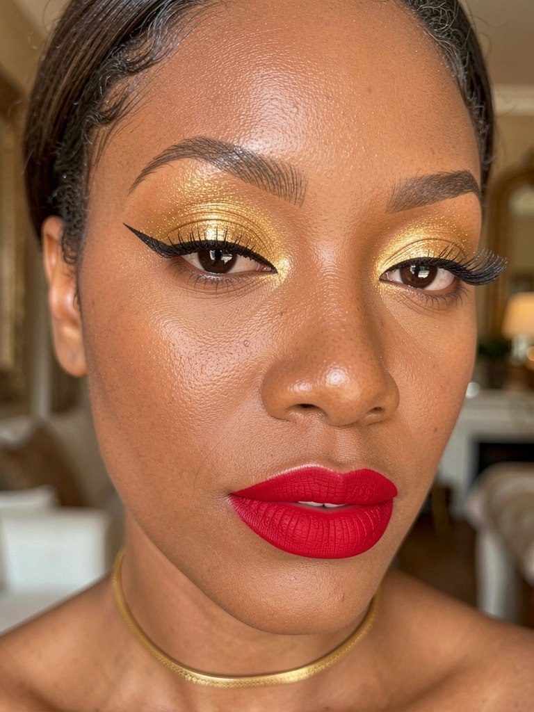 Close-up de olhos com sombra dourada cintilante, delineado preto e lábios vermelhos, colar de ouro fino e pele iluminada.