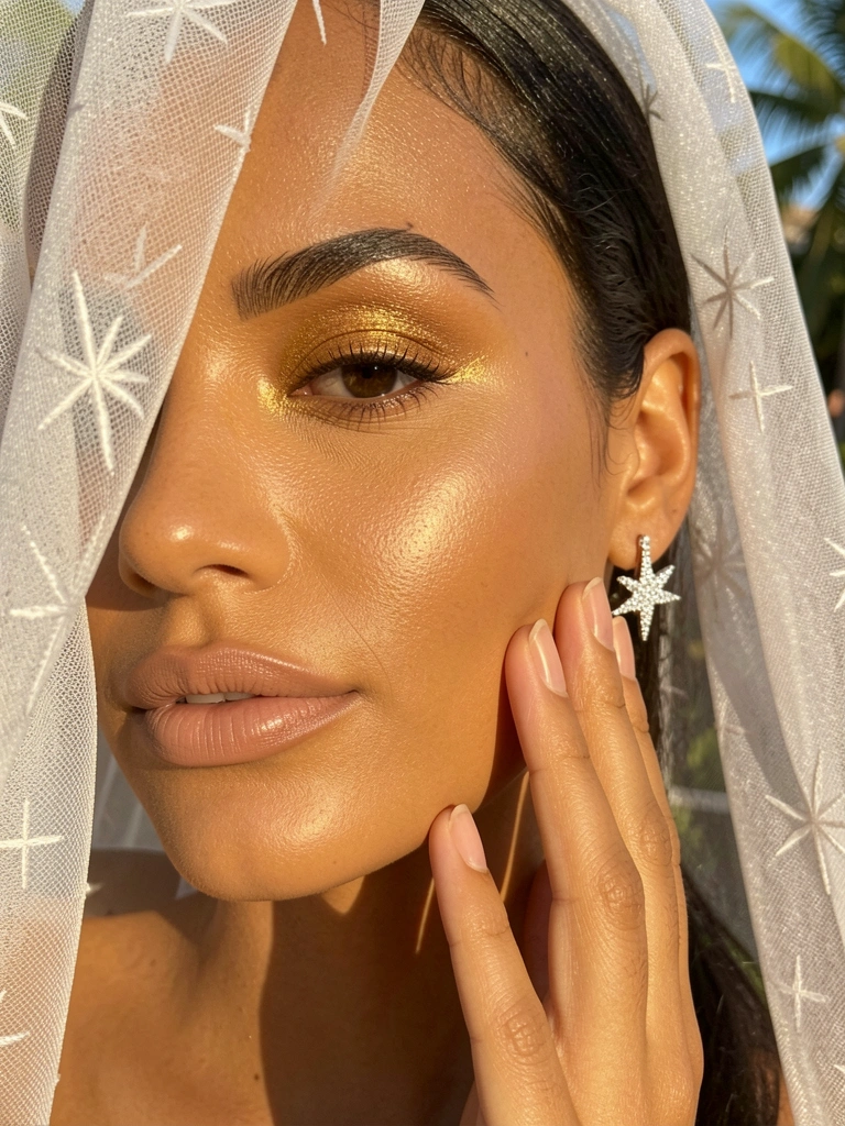Close-up de mulher com maquiagem dourada e brinco estrela, véu branco cobrindo parte do rosto, luz natural quente.