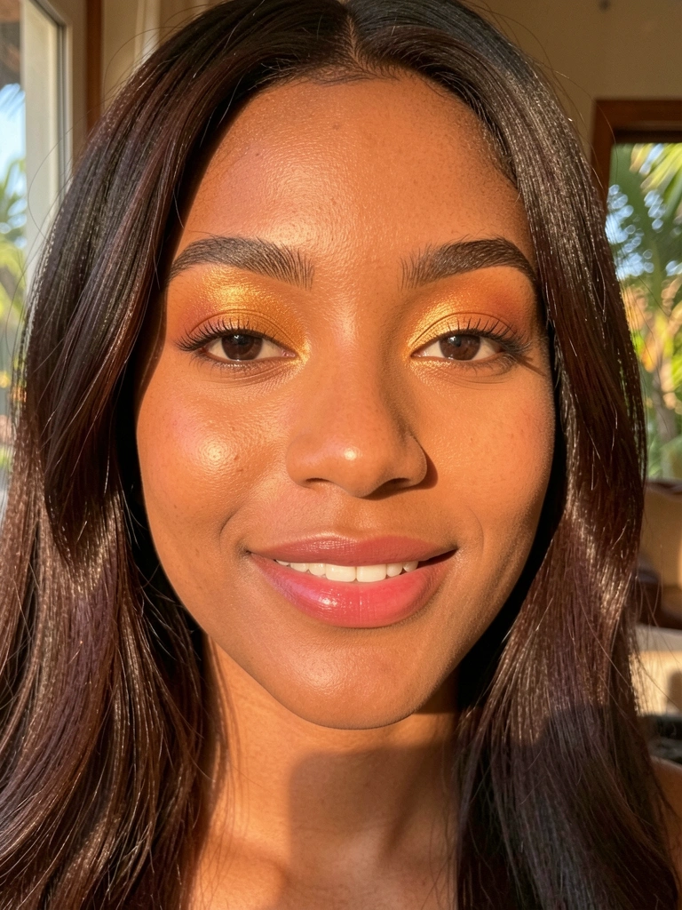 Close-up de jovem com cabelo castanho escuro e pele radiante, sombra dourada nos olhos, sorriso suave, luz difusa e fundo desfocado.