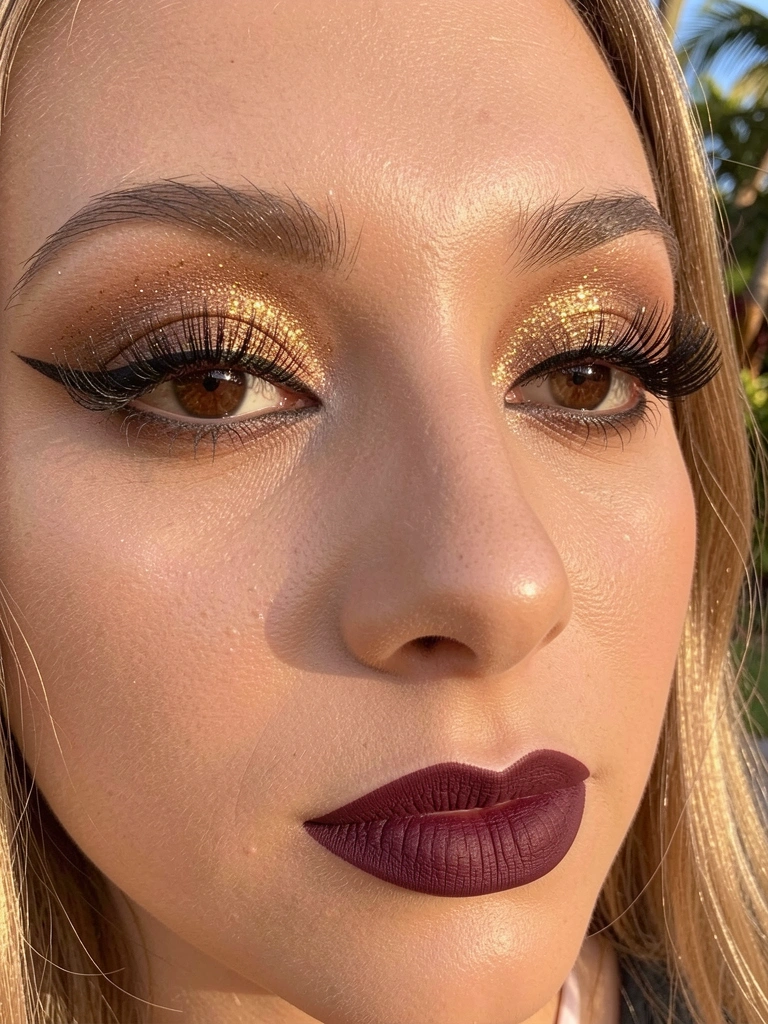 Close-up de olho com sombra dourada e glitter, delineado preto, cílios postiços, batom vinho e pele radiante sob luz natural difusa.