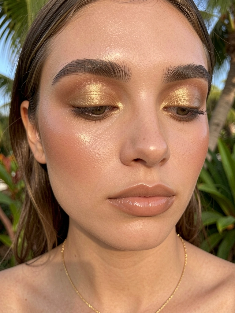 Jovem com sombra dourada cintilante, pele de acabamento natural e colar delicado, luz natural suave.