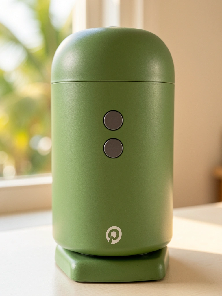 Cafeteira elétrica verde cilíndrica com topo arredondado, três botões circulares e acabamento fosco, iluminada por luz natural suave.