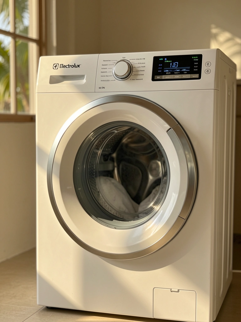 Lavadora Electrolux branca modelo 14.5N com painel de controle iluminado e tambor grande, luz natural entrando por janela ao fundo.