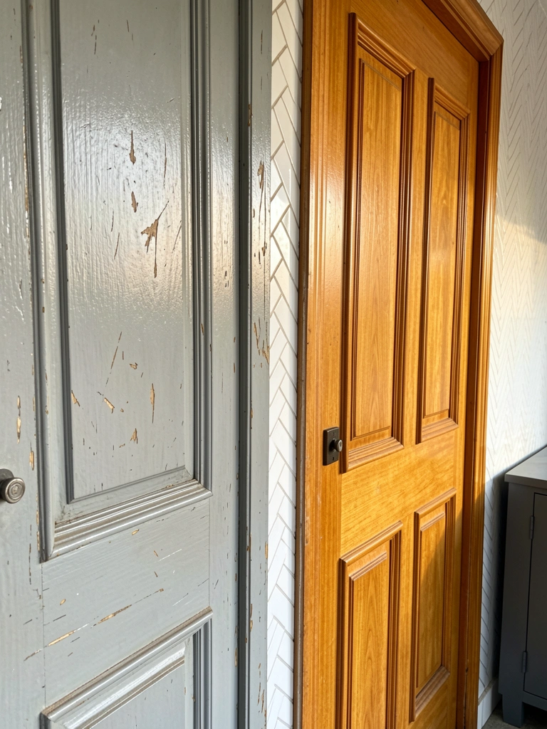 Luz natural incide sobre duas portas lado a lado: uma cinza desgastada e outra marrom-clara com painéis novos, parede de azulejos brancos em espinha de peixe ao fundo.