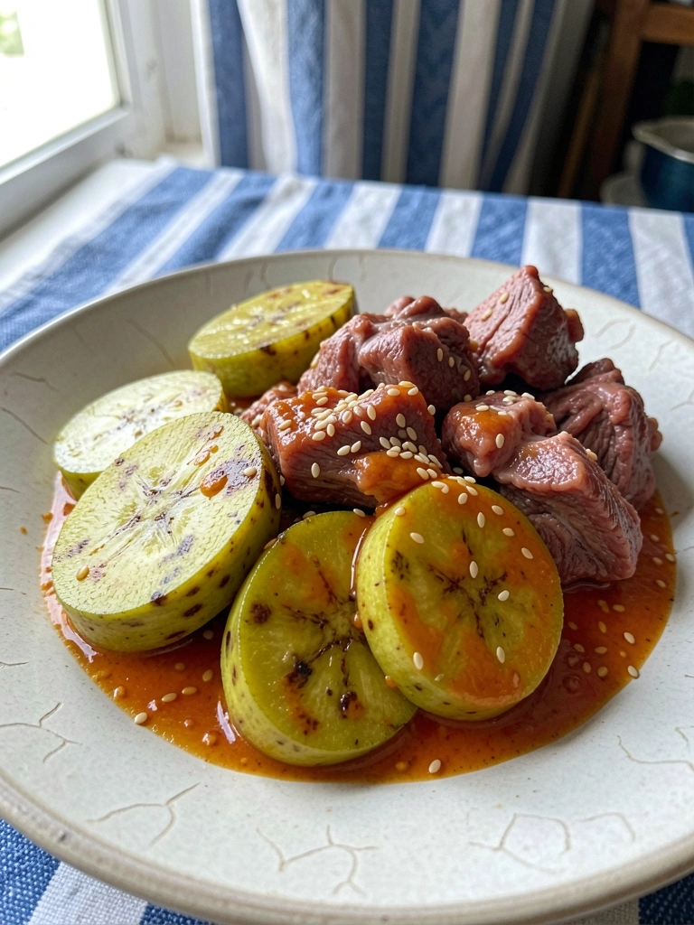 Maxixada com charque servida em prato de barro, com arroz branco e farofa.