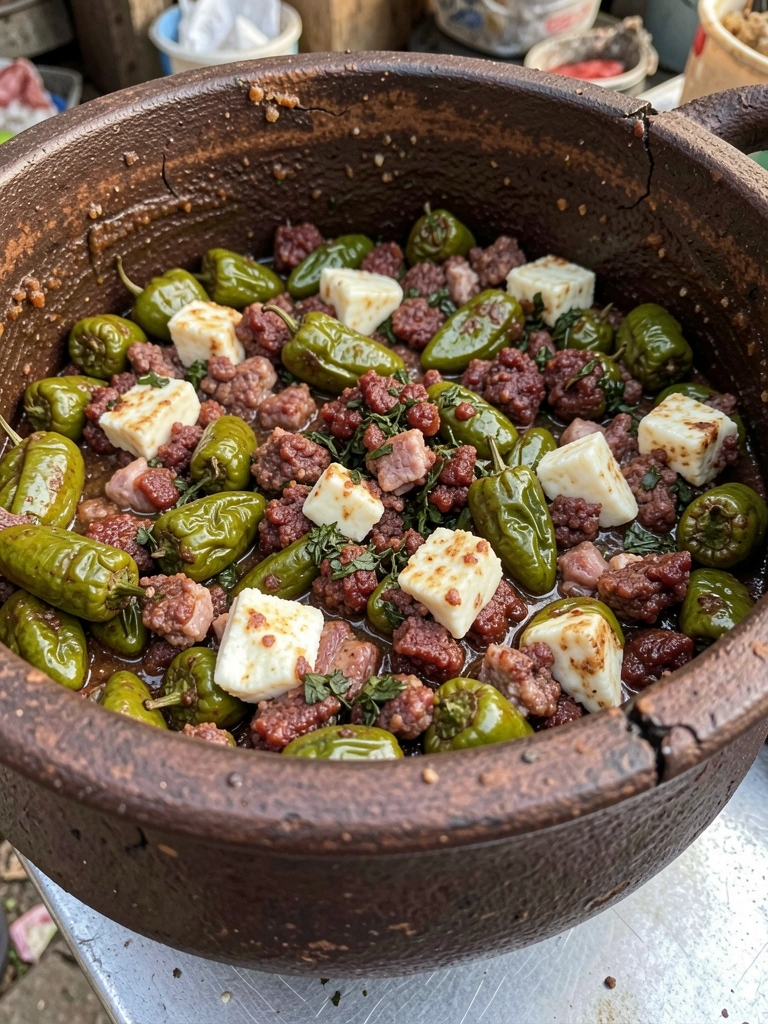 Ingredientes da maxixada com charque: charque dessalgado, maxixes frescos, temperos e azeite de dendê.