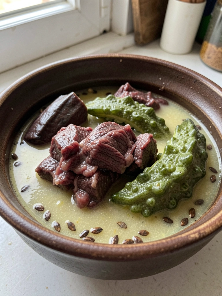 Panela de ferro com maxixada com charque, caldo borbulhando antes de adicionar a farinha.