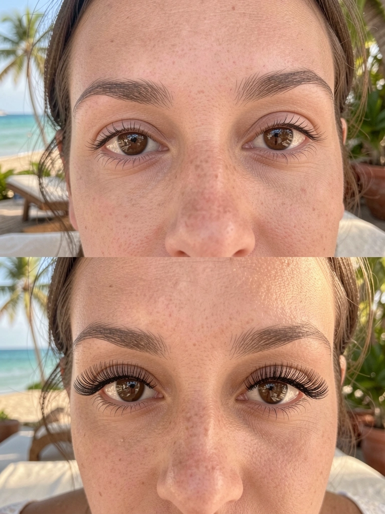 Close-up de olho com cílios naturais e outro com extensões mega volume, luz natural difusa e pele realista.
